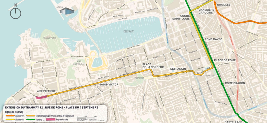 Carte extension du tramway vers la place du 4-Septembre.